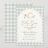 Dummer Gans Neutral Salbeigrün Gingham-Baby-Party Einladung (Vorne/Hinten)