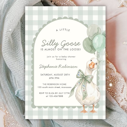 Dummer Gans Neutral Salbeigrün Gingham-Baby-Party Einladung