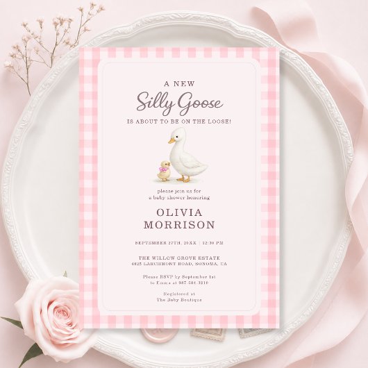 Dummer Gans Rosa Gingham Mädchen Baby Shower Einladung