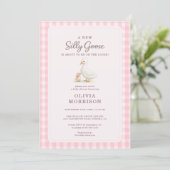 Dummer Gans Rosa Gingham Mädchen Baby Shower Einladung (Stehend Vorderseite)