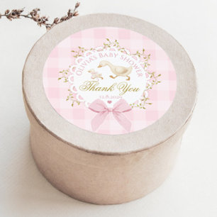 Dummer Gans Rosa Gingham-Schleife Baby Shower Dank Runder Aufkleber