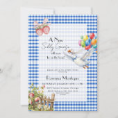 Dummer Gänschen Blaue Gingham Ballons Babyparty Einladung (Vorderseite)