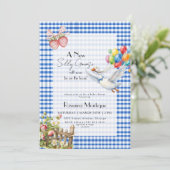 Dummer Gänschen Blaue Gingham Ballons Babyparty Einladung (Stehend Vorderseite)