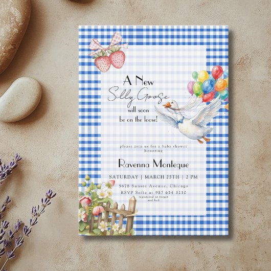 Dummer Gänschen Blaue Gingham Ballons Babyparty Einladung