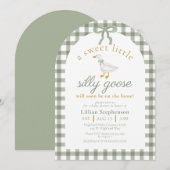 Dummer Gänschen Grüner Gingham-Bogen Baby Shower D Einladung (Vorne/Hinten)