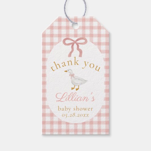 Dummer Gänschen Rosa Gingham-Baby-Party Dankeschön Geschenkanhänger (Vorderseite)
