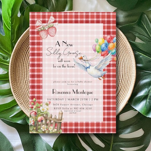 Dummer Gänschen Rote Gingham Luftballons Babyparty Einladung