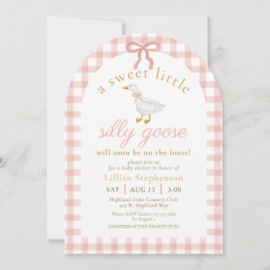 Dummer Gänse-Rosa-Bogen-Gingham-Baby-Shower-Tor Einladung (Vorderseite)