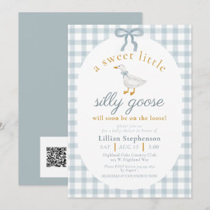 Dummer Gänseblauer Gingham-Baby-Party-QR-Code Einladung