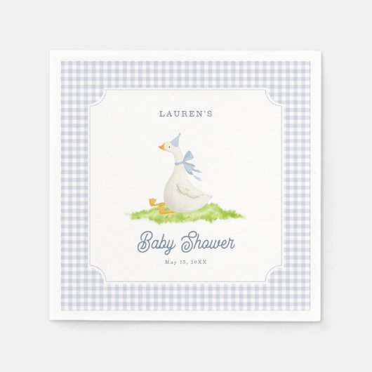 Dummer Gänseblauer Gingham-Baby-Shower-Servietten Serviette (Vorderseite)