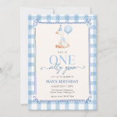 Dummerchen erster Geburtstag Blau kariert Junge Einladung (Vorderseite)