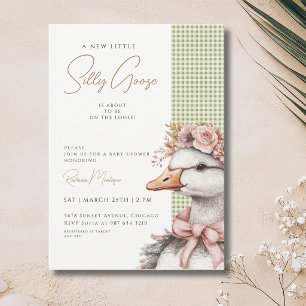 Dummerweise Gans Grün Gingham Blumen Schleife Baby Einladung