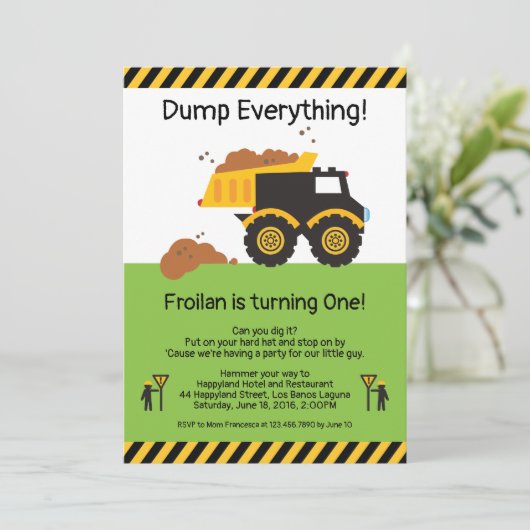 Dump all Dump Truck Birthday Einladung (Stehend Vorderseite)