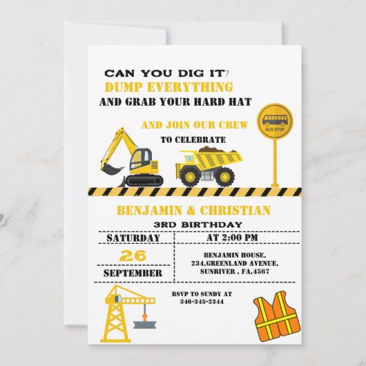 Dump Cruck Bautransport Geburtstag Einladung (Vorderseite)