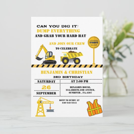 Dump Cruck Bautransport Geburtstag Einladung (Stehend Vorderseite)