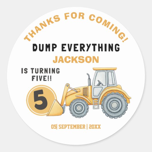 "DUMP EVERYTHING! Construction Birthday 5 Runder Aufkleber (Vorderseite)