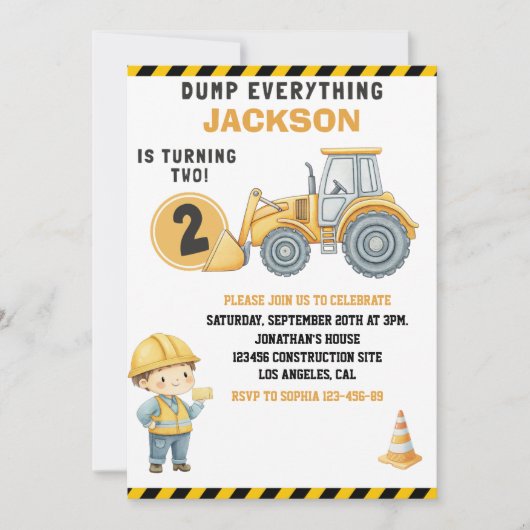 DUMP EVERYTHING – Construction Truck 2nd Birthday Einladung (Vorderseite)