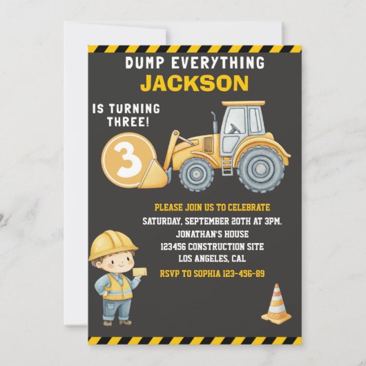 DUMP EVERYTHING – Construction Truck 3rd Birthday Einladung (Vorderseite)