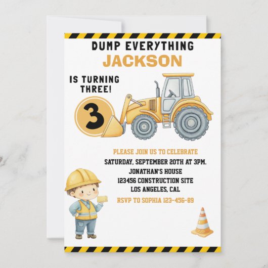 DUMP EVERYTHING – Construction Truck 3rd Birthday  Einladung (Vorderseite)