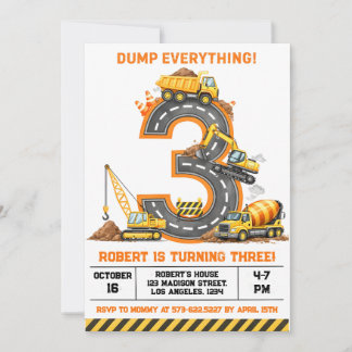 Dump Everything Construction Truck 3rd Birthday Einladung