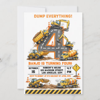 Dump Everything Construction Truck 4th Birthday Einladung