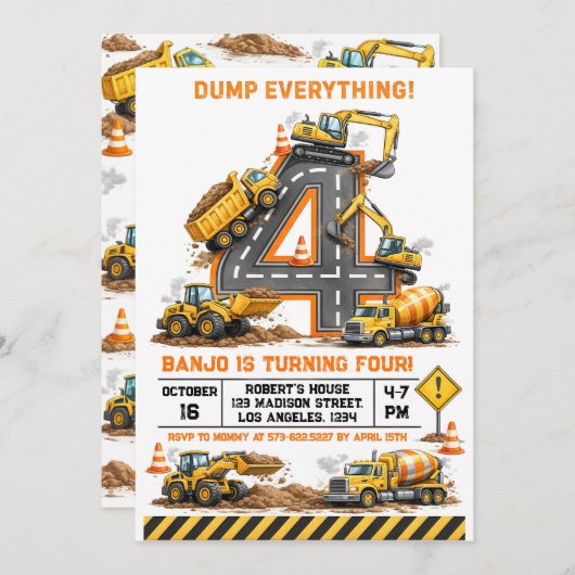 Dump Everything Construction Truck 4th Birthday Einladung (Vorne/Hinten)