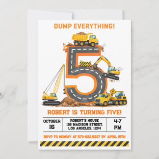 Dump Everything Construction Truck 5th Birthday Einladung