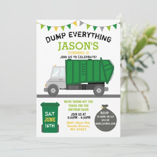 Dump Everything Fun Rubbish Truck Birthday Einladu Einladung (Stehend Vorderseite)