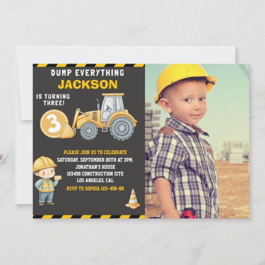 "DUMP EVERYTHING! Photo –Construction 3rd Birthday Einladung (Vorderseite)