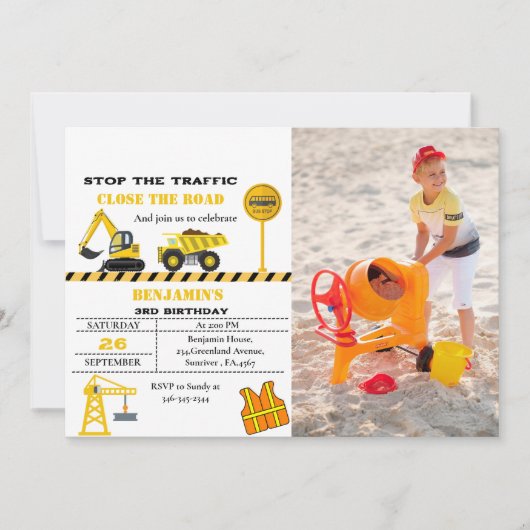 Dump LKW Bau Thema Geburtstag Einladung (Vorderseite)