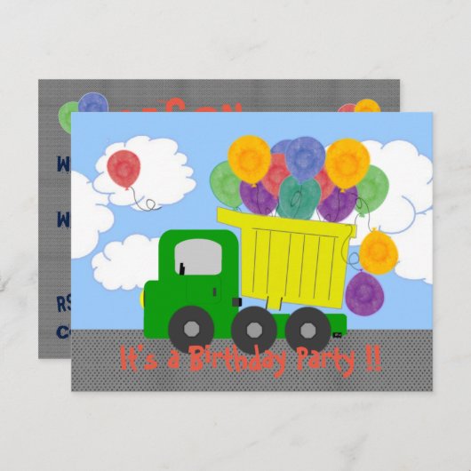 Dump Truck Balloons Birthday Invite Einladung (Vorne/Hinten)