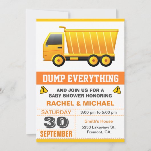 Dump Truck Construction Baby Dusche Einladung (Vorderseite)