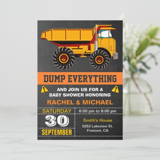 Dump Truck Construction Baby Dusche Einladung (Stehend Vorderseite)
