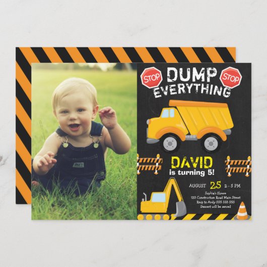 Dump Truck Construction Chalk Geburtstag mit Foto Einladung (Vorne/Hinten)
