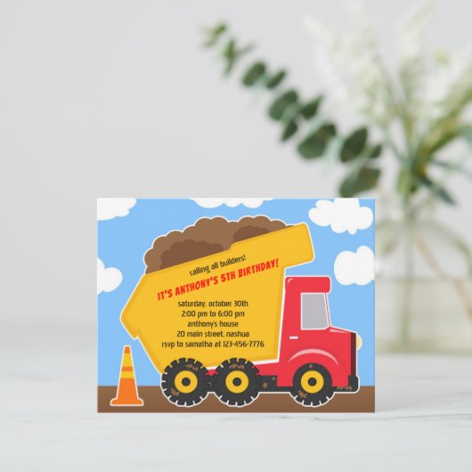 Dump Truck Constructions Birthday Einladung (Stehend Vorderseite)
