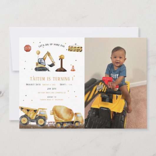 Dump Truck & Digger | Kids Construction Birthday Einladung (Vorderseite)