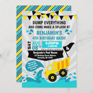 Dump Truck Pool Party Sommerbau Geburtstag Einladung
