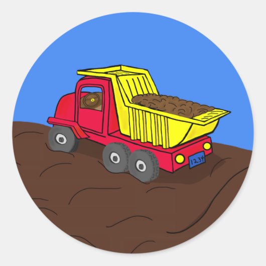 Dump Truck Rot und Gelb Cartoon Art Runder Aufkleber (Vorderseite)