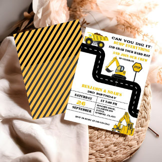 Dump Truck Twin Boy Construction Geburtstag Einladung