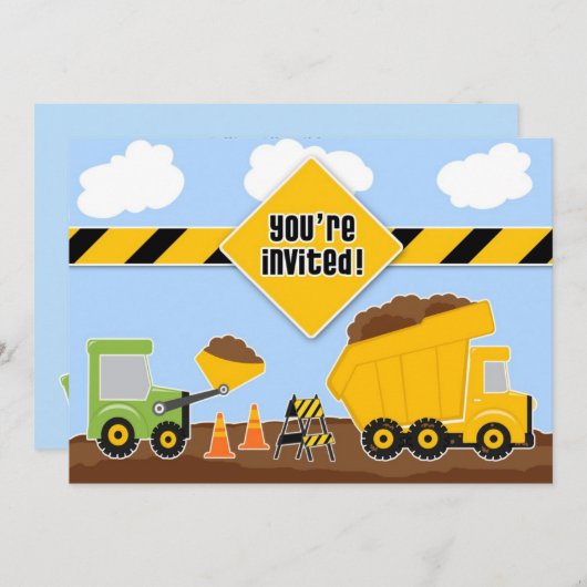 Dump Trucks Construction Birthday Flat Einladung (Vorne/Hinten)