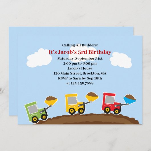 Dump Trucks Constructions Birthday Einladung (Vorne/Hinten)
