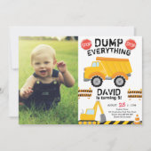 Dump Yellow Truck Bau Geburtstag mit Foto Einladung (Vorderseite)