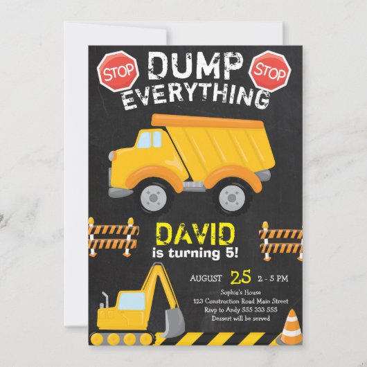 Dump Yellow Truck Construction Birthday Chalkboard Einladung (Vorderseite)