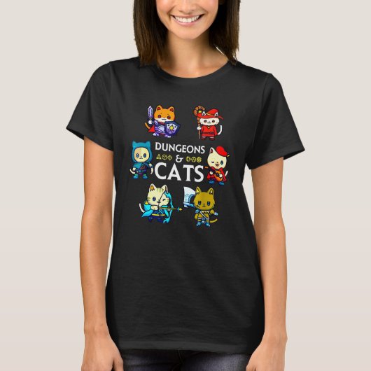 Dungeons and Cats RPG D20 Dice Nerdy Fantasy Gamer T-Shirt (Vorderseite)