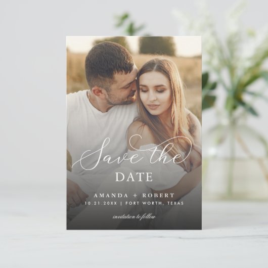 DUNK Faded Foto & Script Wedding Save The Date (Stehend Vorderseite)