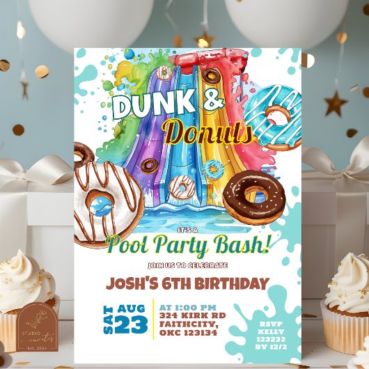Dunk und Donut Waterslide Pool Party Geburtstag Einladung