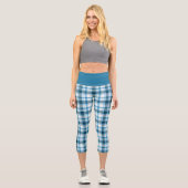 Dunkel Aquamarin Light Blue White Kariert Tartan K Capri Leggings (Vorderseite)