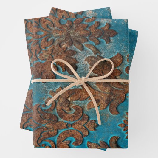 Dunkel-Aquamarin und RostDamast Geschenkpapier Set (Beispiel)