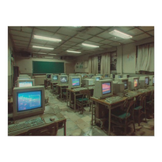 Dunkel beleuchtetes Retro-Computerlabor mit CRT-Bi Poster (Vorderseite)