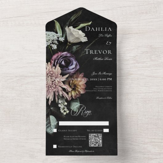 Dunkel-gotische geheimnisvolle Mute-Floral QR-Code All In One Einladung (Innen Boden)